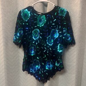 Laurence Kazar Black Blouse with Blue and Green Sequins